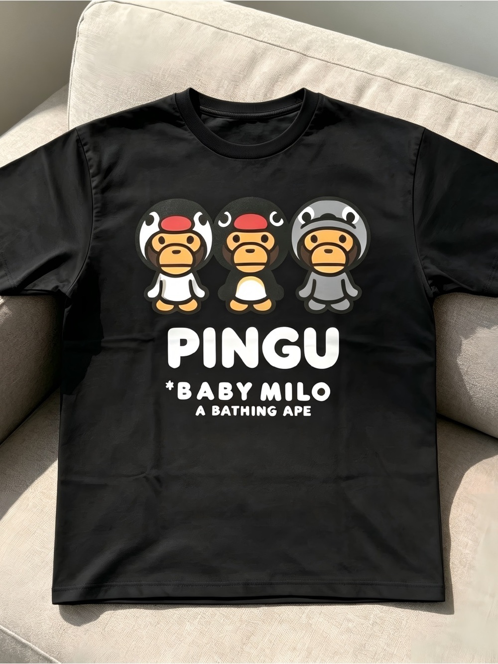 with BAPE and Pingu graphic black Women Men T-shirt Unisex